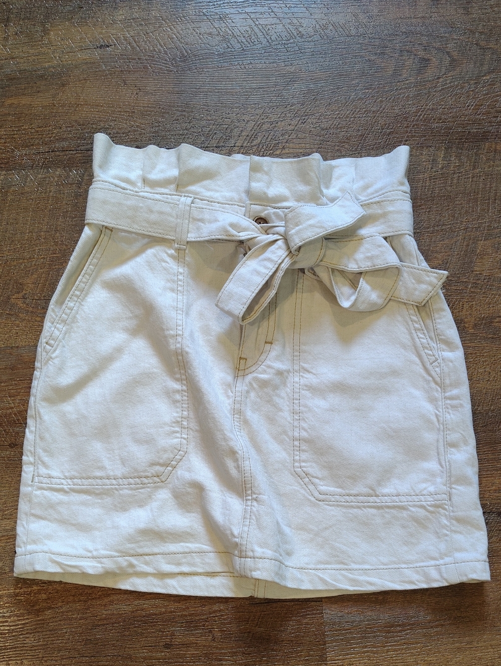 Free People Women's 0 High‎ Waist  cream denim Belted Tie  Mini skirt